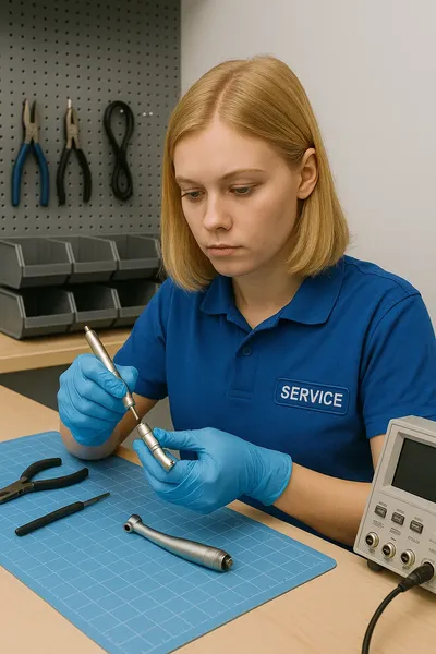 Experienced technician performing dental handpiece repair services
